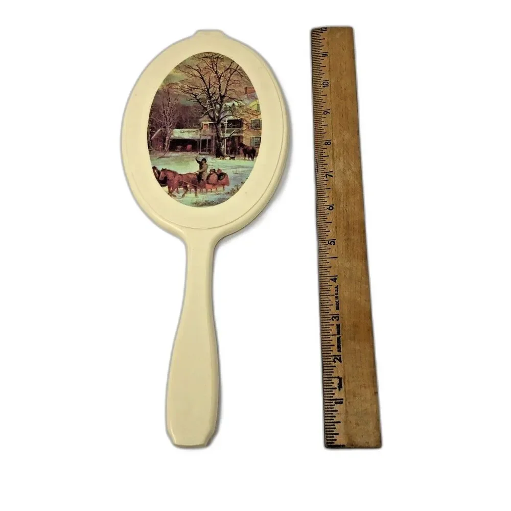 Hand Held Vanity Mirror Vintage Farmhouse Winter Dashing Snow Scene 11.5” Tall